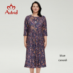 Astrid naiste kleidid naistele 2022 Uus vabaaja &uuml;lisuur lahtine Boho Beach Flower Print A Line kleit pikkade varrukatega kaelakeega 48 lilla