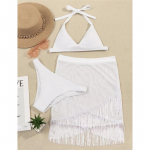 Fringe Tuti seelik Halter Bikiinid Naiste ujumisriided Naiste ujumistrikoo Kolmeosaline bikiinikomplekt Supluskost&uuml;&uuml;m ujumine S valge