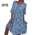 Mitmev&auml;rviline naiste kleit V-kaelusega &scaron;ikk lilleprintiga rannakleit M helesinine v&auml;rv