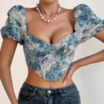 Juhuslik seksikas seljata puhvis varrukatega pluus Naiste kalaluu ​​Slim Fit Retro Crop Tops Kandiline krae Elegantsed naiste s&auml;rgid Mood 24150 S aprikoosi
