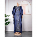 Suures suuruses reguleeritava v&ouml;&ouml;ga kleidid Naiste Drill-siidist satiinist nahkhiire varrukatega pikk kleit One Size tumesinine v&auml;rv