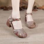 Retro etnilised sandaalid Naiste ehtsast nahast paks kontsaga pehme tallaga m&auml;hitud varvas Libisemisvastane &otilde;&otilde;nes keskealised emakingad Keskmise kontsa auguga kingad 35 hall valge v&auml;rv