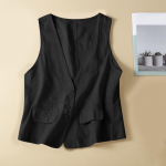 Vintage vest suvine s&uuml;gav V-kaelus soliidne vabaaja varrukateta topid Puuvillane linane &otilde;huke &uuml;ler&otilde;ivaste vest mantel L must