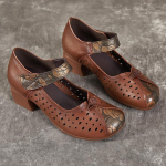 Johnature Naiste kingad etnilise stiiliga pumbad, paks konts, pehme tald, hingav ehtsast nahast sandaalid 37 pruun