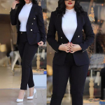 Komplektid Naistele Kaks osa S&uuml;gismood s&auml;lguga kaelusega pikkade varrukatega bleiser Elegantne k&otilde;rge v&ouml;&ouml;kohaga t&ouml;&ouml;p&uuml;kste komplekt kontorinaise S must