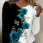 Topid naistele 3D rooside lilleprinteriga &uuml;mmarguse kaelusega pikkade varrukatega T-s&auml;rk Fall Casual Slim Pullover naiste pikkade varrukatega top XS lilla