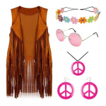 5 tk/komplekt naiste vest peapaelaga p&auml;ikeseprillid kaelakee ja k&otilde;rvar&otilde;ngad tutt kardigan vest Retro 60ndate 70ndate tantsupeo disko kost&uuml;&uuml;m Halloweeni M must