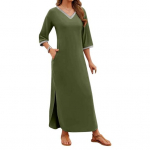 Naiste maksikleit k&uuml;ljetaskutega, V-kaelus, 45355, varrukad, l&otilde;hik XXL roheline