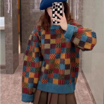Naiste retro ruuduline pullover: Korea stiilis avara kootud kampsun 2024. aasta s&uuml;giseks/talveks. One Size pruun