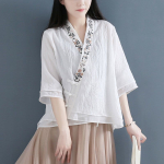 Suvine etniline stiil retro Hanfu puuvillane ja linane s&auml;rk naiste &otilde;mblustega v&otilde;lts kaheosaline kolmveerand varrukatega tikandiga plaadn&ouml;&ouml;biga top M valge