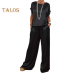 2 tk/komplekt Naiste &uuml;laosa p&uuml;kste komplekt satiinist &uuml;mmarguse kaelusega poolvarrukatega pluus Laia s&auml;&auml;rega elastsed v&ouml;&ouml;kohaga p&uuml;ksid taskutega. Igap&auml;evane vaba aeg avar riietus XL must