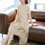 Suvine &scaron;ifoonist cheongsam kleit naistele, voolav, lahtise l&otilde;ikega, lillemustriga, vintage stiilis, elegantne ja mugav XL beež