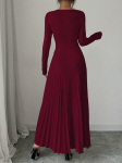 S&uuml;gis Talv Lihtne &Uuml;hev&auml;rviline Kootud Kleit Naised O-kaelus Pikkade Varrukatega Plisseeritud Kontorikleidid Elegantne Slim Robe Kleit S punane
