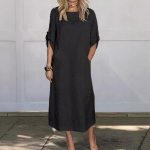 2024 S&uuml;gis/Talv Naiste Puuvillane Linane &Uuml;hev&auml;rviline Vabaaja &Uuml;mara Kaelusega Pikk Kleit Kahekordsete K&uuml;lgtaskutega 2XL kohv