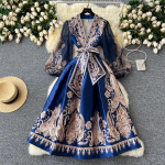 Uus s&uuml;gisene Paisley lilleprintimine p&uuml;hadekleit Boho naiste V-kaelusega laternaga varrukatega pitsist taskud &uuml;hes t&uuml;kis pikk Vestido XXXL sinine