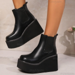 Naiste Paksud Saapad Kvaliteetne Nahk L&uuml;hikesed Saapad Moodsad Kiilud Platvormsaapad Klassikalised Slip-on pahkluusaapad Bottines Femmes 35 must