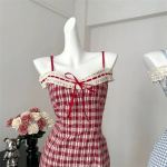 Uus kvaliteetne ruuduline pitsist &uuml;hes t&uuml;kis kleit Korea moe suvine spagetirihmaga kleit &otilde;lgadeta p&auml;ikesekleit Sweet Elegant XS