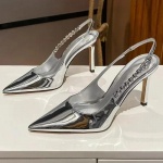 L&auml;ikivad K&otilde;rge Kontsaga Slingback H&otilde;bedased Naiste Pumbad Metallik Kristall Sandaalid Terava Ninaga Stiletto Kontsaga Kingad Peokingad Naine 34 h&otilde;be