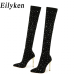 Eilyken Sexy Runway Crystal Stretch kangast sokid &uuml;le p&otilde;lve Saapa Reie Stiletto K&otilde;rge terava varbaga naiste kingad Zapatillas Mujer 35 must