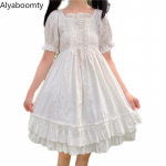 Jaapani suvised naised valge Lolita astmeline kleit kandiline krae side k&otilde;rge v&ouml;&ouml;kohaga printsesskleit armas Kawaii volangidega peokleidid One Size valge