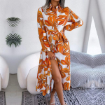 2023. aasta uus naiste kevadsuve kontrastne lilleline polokraega pits-s&auml;rgikleit naistele, &uuml;he rinnaga pikk kleit M oranž