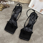 Anekeh suvine kitsas riba Gladiator sandaalid Naiste uus mood, ruudukujuline klambriga rihm, avatud varba pahkluu pandla rihm tikk-kontsad 35 must