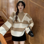 S&uuml;gisene vaba triibuline naiste kampsun, talvine seksikas &otilde;lavaba kootud pullover, stiilne pehme topp 28931 S roheline