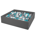 KiddyMoon pehme palliauku ruut 120x30cm/300 palli Pallid 7cm / 2,75 tolli lastele, tumehall:hall-valge-t&uuml;rkiissinine 120x30cm/300 balls
