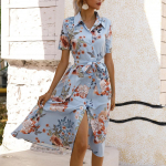 QICED naistemood suvised kevadised lillemustriga l&uuml;hikeste varrukatega POLO-kaelusega vabaajakleidid S sinine