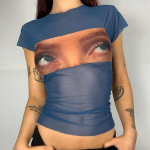 Suvine Retro Aesthetics T-s&auml;rk l&auml;bipaistev v&otilde;rk l&uuml;hike seksikas top Open Umbilical Gothic Funny Eye Picture T-s&auml;rk S sinine