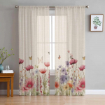 Akvarell Daisy Flower Butterfly l&auml;bipaistvad kardinad elutuppa K&ouml;&ouml;gi aknakardinad Magamistoa t&uuml;ll Voile kardinad 135W x 114H(cm)