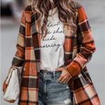 GMXIA naiste vintage vabaaja ruuduline tr&uuml;kisega s&uuml;gistalvise tasku villane pikkade varrukatega POLO kaelaga lahtised jakid ja mantlid S oranž