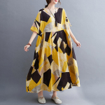 Naiste vintage avar kleit Geomeetrilise prindiga kontrastv&auml;rvi poolvarrukatega Boho pidulik vabaajakleit One Size kollane