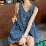 Varrukateta rihmakleit Naiste suvine &uuml;herealised taskud Denimkleidid Naiste korea stiilis avar minikleit S sinine