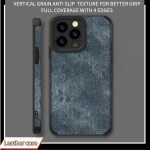 Jean Denim kangast tr&uuml;kitud vertikaalne teraline nahk, pehme silikoon telefoni&uuml;mbris tagakaas koos kaamera objektiiviga t&auml;ieliku kaitsega iPhone 15 Pro Max