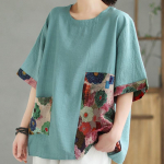 Vintage Crew Neck L&uuml;hike varrukas naistele Suvise lilleprintiga Patchwork Puuvillane hingav T-s&auml;rk Lahti kerge ja mugav t&ouml;&ouml;puhkuse T-s&auml;rk 3XL