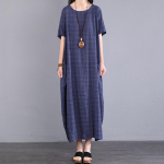 L&uuml;hikeste varrukatega Suures suuruses puuvillane vintage ruuduline naiste kleit, vaba pikk suvekleit