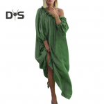 Naiste kleit, kaldus kaelusega, v&auml;&auml;nlemine, pikad laternaga varrukad, vabad puhast v&auml;rvi plisseeritud t&auml;ispikkuses rannamantel Maxi kleit M roheline