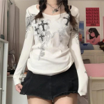 Mood Graphic Cross Wings Print pikkade varrukatega naiste T-s&auml;rk Y2k Top Harajuku Tee 2000. aastate esteetilised punk stiilis riided t&auml;navar&otilde;ivad XS