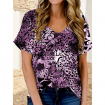 VEZFAA Naiste moe vabaaja suvekevadine leopardimustriga l&uuml;hikeste varrukatega V-kaelusega pluusid ja s&auml;rgid S must