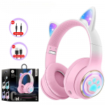 AKZ-62 RGB Kassik&otilde;rvadega Juhtmevabad K&otilde;rvaklapid PC jaoks Armas 3D Kosmoselaev Kass Bluetooth-peakomplekt Kokkupandav M&auml;nguk&otilde;rvaklapid Lastele T&uuml;drukutele Kingitused roosa