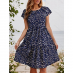 Naistemood suvine kevadlillemustriga l&uuml;hikeste varrukatega O-kaelusega vabaajakleidid L sinine