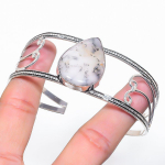 Natural Dendrite Opal Gemstone 925 Sterling Silver Cuff Bangle Adjustable l3e39