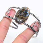 Natural Labradorite Gemstone 925 Sterling Silver Cuff Bangle Adjustable e0c87