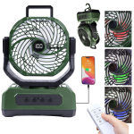 30000mAh kaasaskantav telkimisventilaator RGB-laternaga, laetav akutoitega, p&ouml;&ouml;rlev, 4 tuulekiirust, LED-ekraan, kaugjuhtimispult, taimer, telk, rand roheline