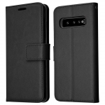 Galaxy S10 Plus Nahast Rahakott&uuml;mbris, Klappkaits&uuml;mbris Kaardipesa, Jalatugi ja Randmepaelaga - Must