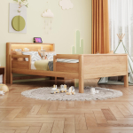 Puidust voodi 90 x 200 cm, USB ja Type-C kombineeritud pistikupesa, V&auml;ike LED-valgusti, Peatsiin panipaigaga, Lastevoodi, &Uuml;heinimesevoodi, M&auml;nnipuit 213 x 95 x 80 cm