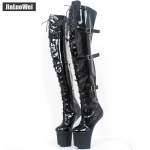 K&otilde;rged saapad JIALUOWEI 20cm &Auml;&auml;rmiselt k&otilde;rge kontsaga platvorm, paelad Fetish Heelles Horse Stallion kabjatald &uuml;le p&otilde;lve saapad jalgevahe k&otilde;rged saapad 43 must