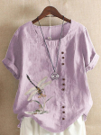 Suvine Casual Dragonfly Print Lahtine T-s&auml;rk Retro puuvillane ja linane O-kaelusega plusssuuruses l&uuml;hikeste varrukatega naiste topp XS-5XL 2XL