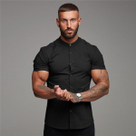 Muscleguys Mood Retro Stiilis Meeste tavaline l&uuml;hikeste varrukatega T-s&auml;rk Suvine vabaaja Lihtne Stand Kaelusega ilus s&auml;rk M must